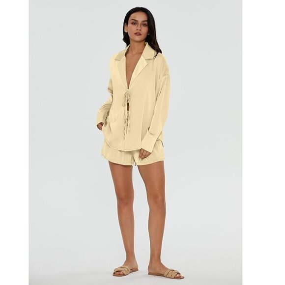 Satin Pajama Set 2 Piece Loungewear Champagne Women L - Picture 6 of 7